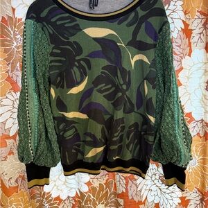 Bl^nk Anthropologie Green Monstera Long Sleeve Sweater